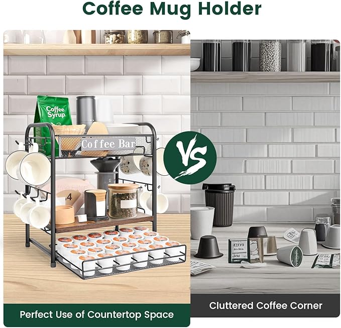 Coffee Bar Organizer, Station Mug Holder for Countertop, Multi-Functional 3 Tier Coffee Cup Tree Rack for Kitchen, Storage Shelf with 10 Hooks, K Cup Pod Drawer for Home Office