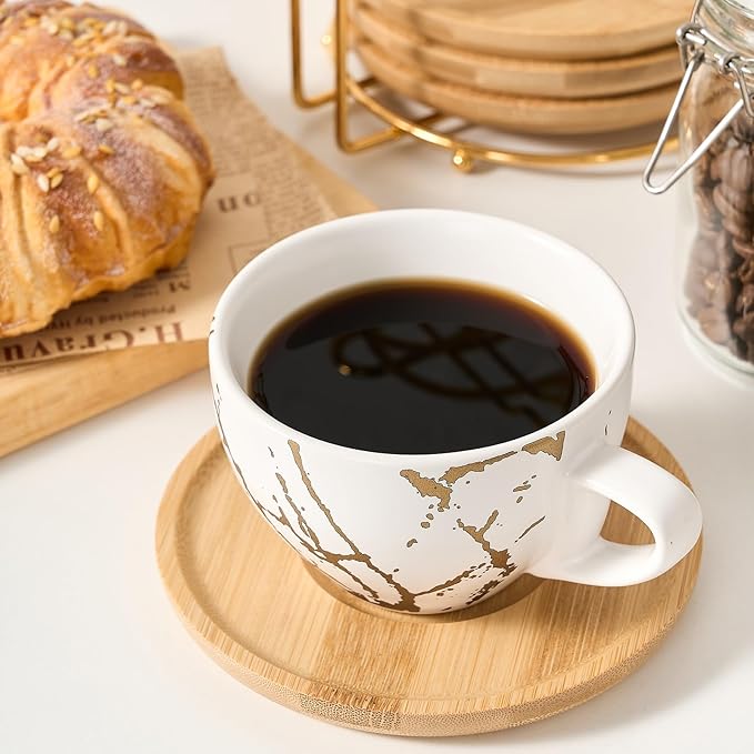 LUKA Ceramic Demitasse Espresso Cups Set with Saucers and Metal Stand, 8 oz Porcelain Stackable Cappuccino Cups Teacup For Tea, Espresso, Latte, Coffee, Cafe Mocha, Set of 4, White