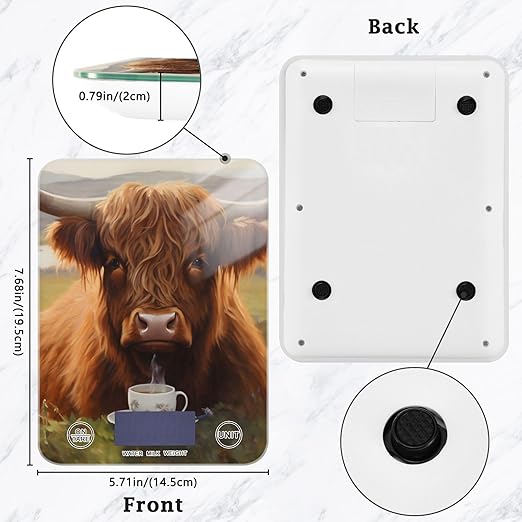 Digital Food Scale Coffee Highland Cow Grass – Fashion Design, 11lb/0.01oz, Tempered Glass, Kitchen Scales with LCD Display for Baking & Cooking, Batteries Not Included
