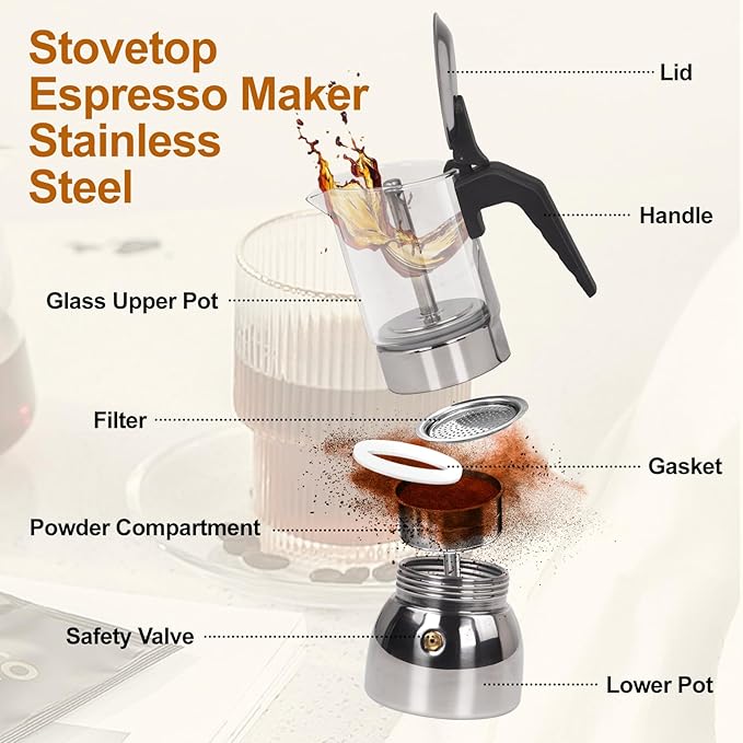 6 Cup Glass Clear Moka Pot Thickened 304 Stainless Steel Stovetop Espresso Maker Italian Coffee Machine 300ml 10.6oz Classic Mocha Cafe Greca Coffee Suitable for Gas Induction