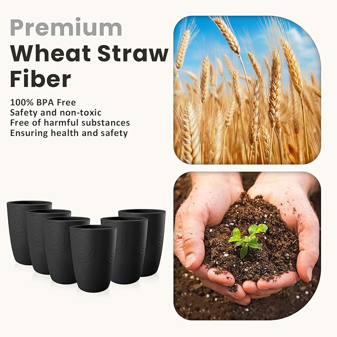 Homienly Wheat Straw Cups Set of 6, 12 OZ Alternative Plastic Cups Reusable, Stackable Drinking Cups, Water Cups, Coffee Cups, Unbreakable Glasses Drinking for Camping, Travel, Party - Black
