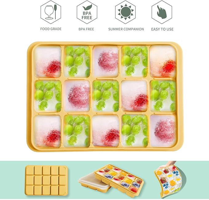 Tvmania Ice Cube Trays Set of 2, Easy Release 15 Flexible Silicone Ice Cube Molds with Removable Lid Reusable Freezer Ice Trays Stackable for Whiskey, Baby Food, BPA Free (yellow)