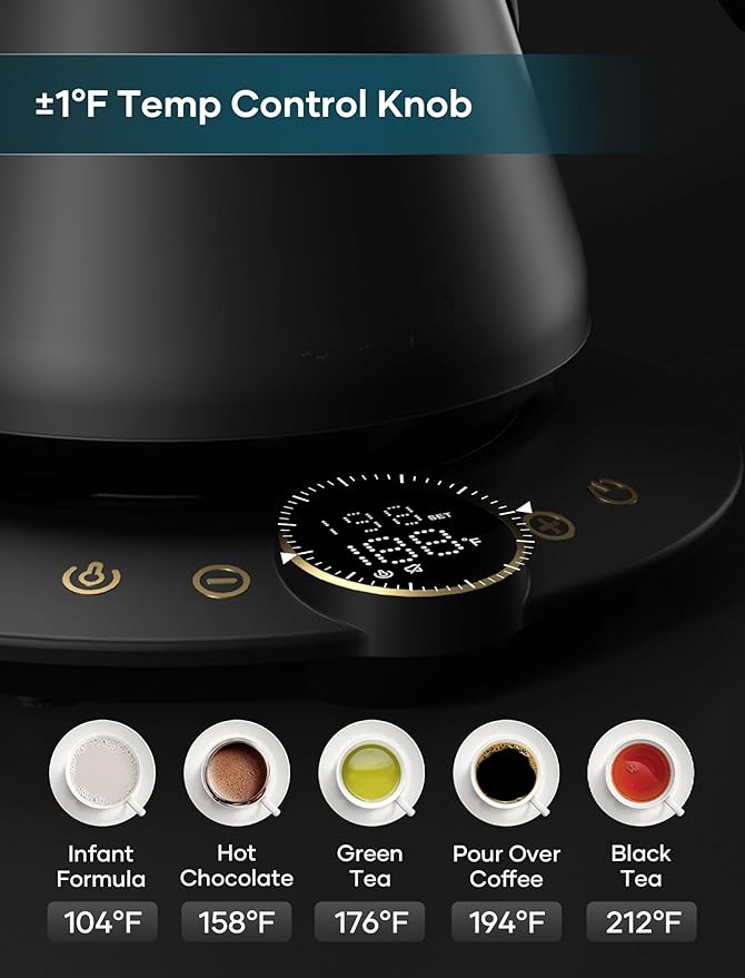 Gooseneck Electric Kettle with ±1℉ Temperature Control for Pour Over Coffee & Tea, Quick Heating, BPA-Free Stainless Steel, Built-in Brew Timer, 1500W/0.9L (Ebony Black)