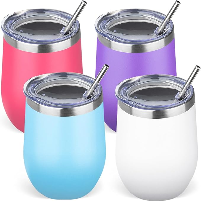 12oz/4 Pack Stainless Steel Wine Tumbler with Lid and Straw, Double Wall Vacuum Insulated Wine Tumbler Glasses, Stemless Travel Mugs for Hot and Cold Drinks, Coffee, Wine, Cocktails