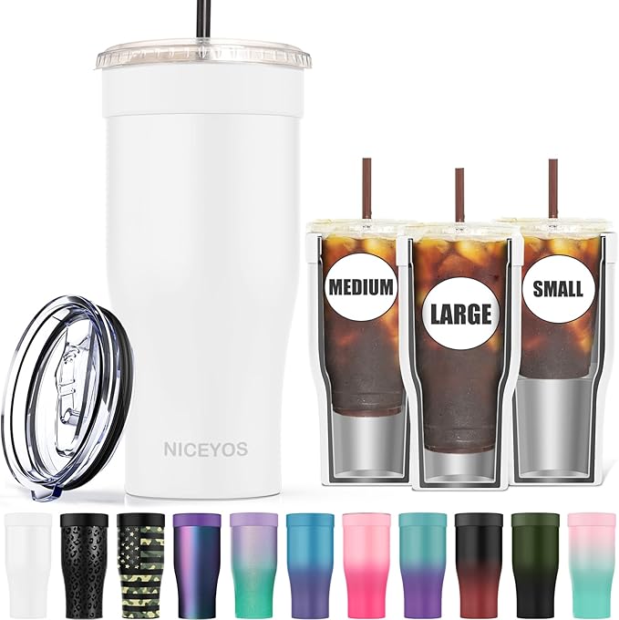Universal Iced Coffee Sleeve - Insulated Double Wall Reusable Stainless Steel Holder Sleeves Insulator for Cold Drinks Fits Small Medium Large To Go Cups Gifts for Men Women Him Her (White)