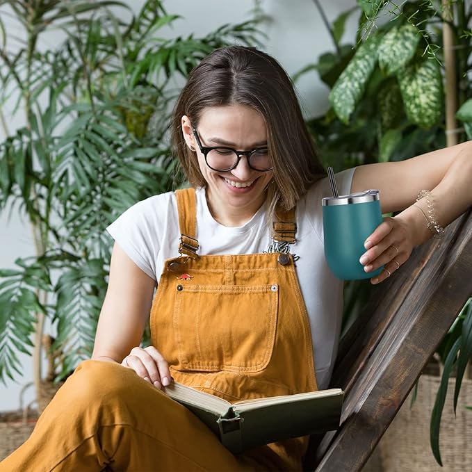 VEGOND Wine Tumblers Bulk 12 Pack, 12oz Stainless Steel Stemless Wine Glass with Lids and Straws, Double Wall Vacuum Insulated Tumbler Cup, Coffee Mug for Cold Hot Drinks