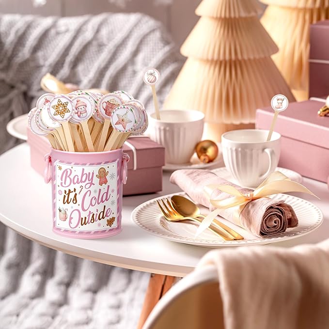 121 Pcs Christmas Wooden Coffee Stirrers with Holder and Wood Cocktail Coffee Stir Sticks Baby It's Cold Outside Disposable Drink Stirrers for Stirring Hot Restaurant Home Office(Pink)