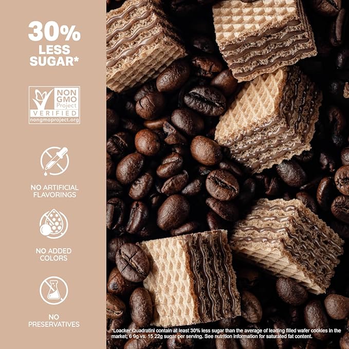 Loacker Quadratini Cappuccino Wafer Cookies LARGE - Premium Crispy Bite Size Wafers - 30% Less Sugar - NON-GMO - LARGE Pack of 6