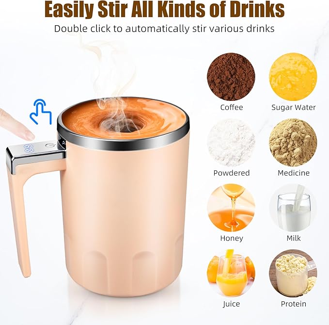 Self Stirring Coffee Mug: 2025 New Rechargeable Auto Magnetic Stirring Mixing Mug with Temperature Display,13oz Stainless Steel Travel Coffee Cup for Office, Home, Kitchen, Best Gift (Pink)