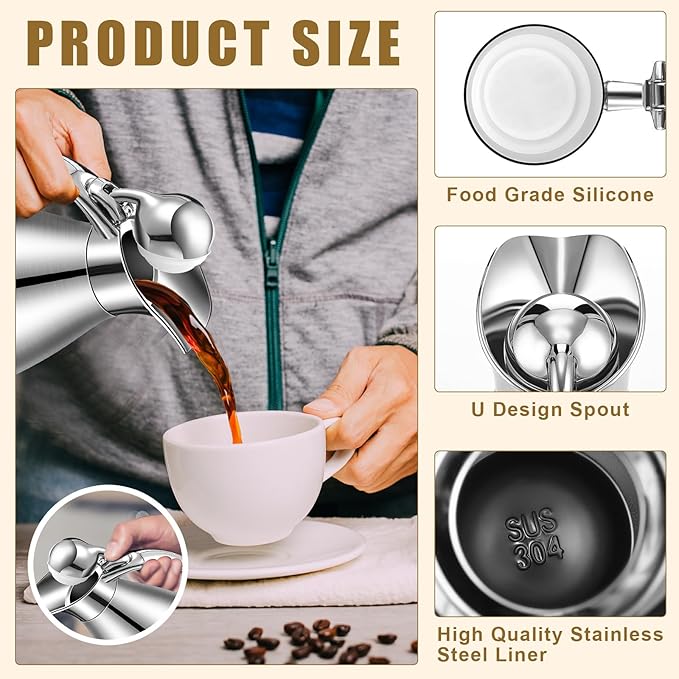Uiifan 2 Pcs 68 oz Thermal Coffee Carafe Insulated Stainless Steel Coffee Carafe for Hot Liquids Vacuum Thermal Pot Creamer Dispenser with Brushes Keeping Hot Tea Milk Water(Black, Silver)