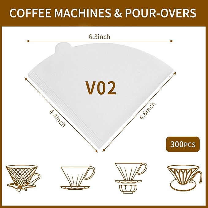 V60 Coffee Filters, 300 Count Size 02 Pour Over Coffee Filter, 1-4 Cups Disposable Cone Paper Coffee Filters 2， Compatible with Conical Shaped Dripper and Drip Coffee Maker (White)