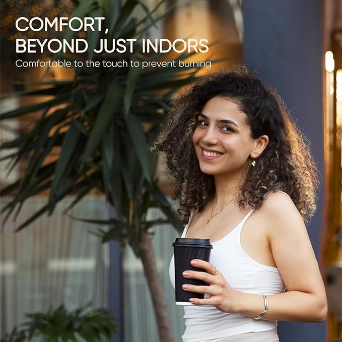 100 Pack 16 oz Disposable Coffee Cups with Lids and Straws, Insulated Ripple Wall To Go Paper Corrugated Cups, Bulk for Hot/Cold Drinks, Cafe Bar, Office, Chocolate, Cocoa (Black)