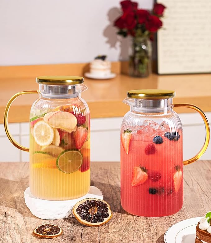 2 PACK Glass Pitcher with Lid 64 oz, Classic Vertical Stripes Pitcher with Lid and Handle, Water Jug for Hot/Cold Drinks, Borosilicate Glass Carafe for Coffee, Iced Sun Tea, Juice, Sangria