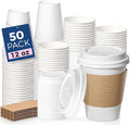 Fit Meal Prep 50 Pack 12 oz Disposable Coffee Cups with Lids, Sleeves, Leak-Proof To Go Coffee Cups with Lids, Durable Hot Paper Cups for Home, Office, Party, Business