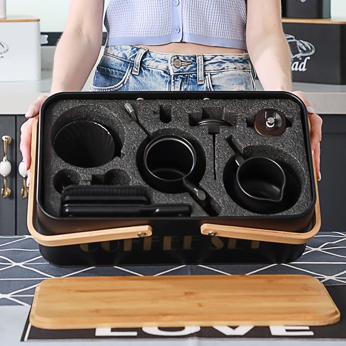 SOTECH Pour Over Coffee Maker Set Coffee Kettle Scale Ceramic Server Ceramic Dripping Cup Bean Grinder Filter Paper Ceramic Cup ALL in 1 Portable Metal Box for Traveling