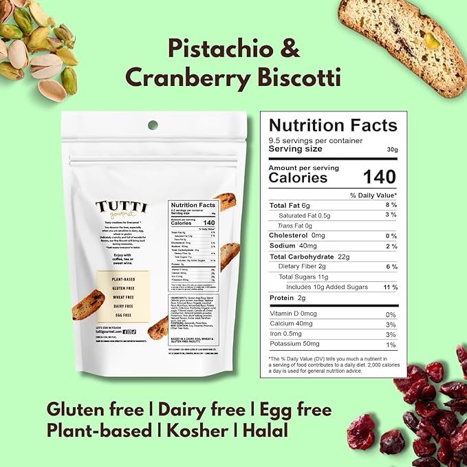 Tutti Gourmet Gluten Free Pistachio & Cranberry Biscotti, 9.9 oz (283g) Resealable Cookie Bag, Vegan and Halal Snacks