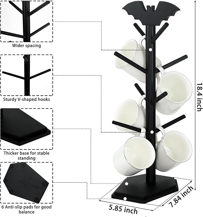 Bat Mug Holder Tree - 8 Hooks Rack for Gothic Home Decor - Wood Mug Tree for Countertop - Cup Holder for Halloween Kitchen Organizer & Coffee Bar Accessories