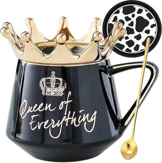 Queen of Everything Mug with Lid Sweet Black Mug with Crown Coffee 12 oz Mug Gift with Spoon & Coaster Ceramic Tea Mug Birthday Gift for Women Girls Mom Girlfriend