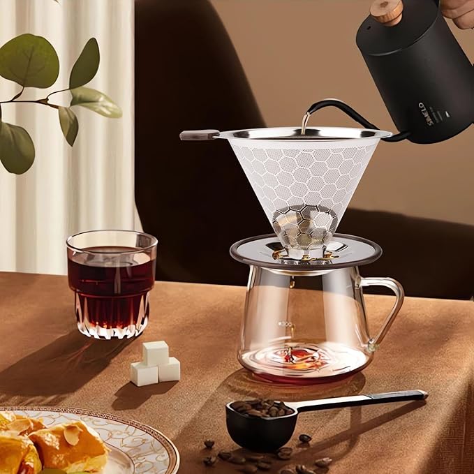 Pour Over Coffee Dripper,Stainless Steel Coffee Filter, Pour Over Maker Double Micro Mesh, Reusable Coffee Strainer (Silver)