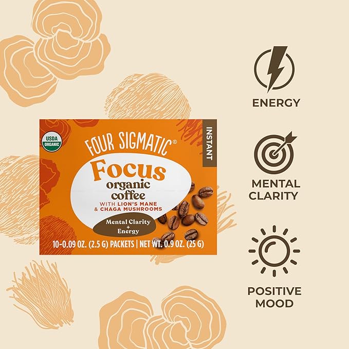 Four Sigmatic Focus Organic Mushroom Coffee | Instant Mushroom Coffee Mix with Lion's Mane, Chaga and Rhodiola for Better Focus and Immune Support | 10 Packets