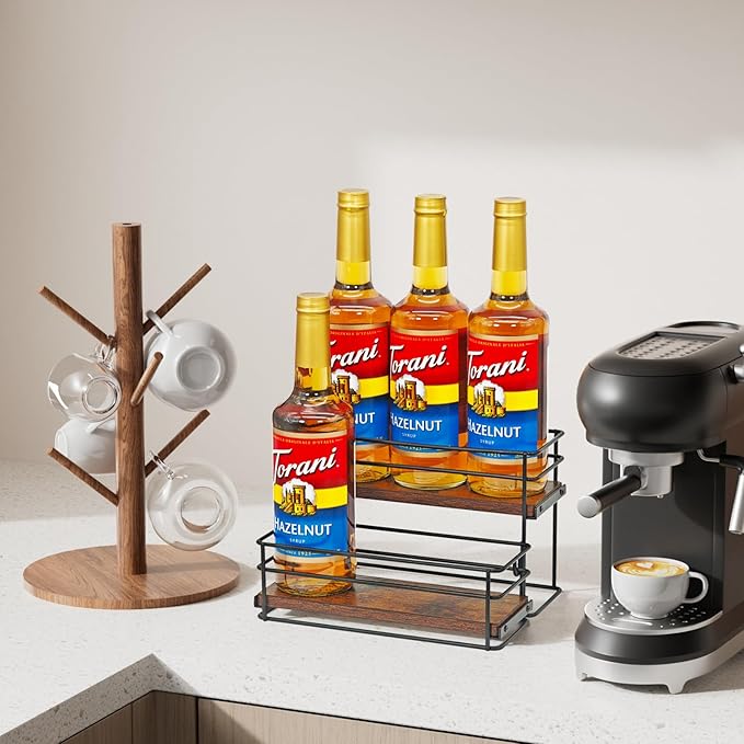 6 Bottle Capacity Coffee Syrup Rack Organizer, 2 Tier Coffee Syrup Stand Shelf, Storage Shelves for Coffee Bar, Small Wine Rack for Bar Family Storage for Syrup Wine Dressing