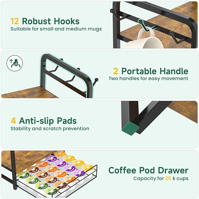 EsLuker.ly Coffee Bar Organizer Station Shelf Mug Holder for Countertop, 3 Tier Coffee Cup Stand Rack with 12 Hooks for Home Office, K Cup Pod Organizer Drawer, Keeps Essentials Tidy & Accessible