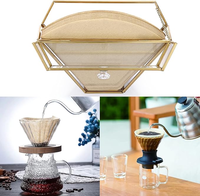 ELLDOO Gold Glass Coffee Filter Holder Coffee Paper Storage Container Filter Paper Dispenser Rack with Dustproof Cover