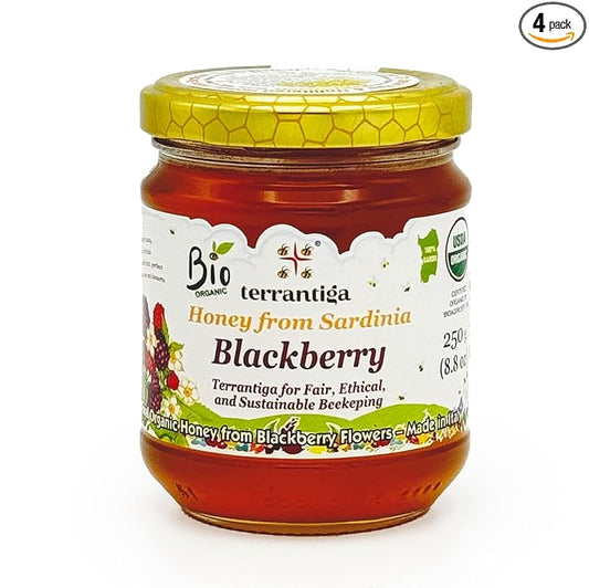 WellEatable Blackberry Organic Raw Honey from Wild Blackberry Flowers, Artisanal Complex and Fruity Honey from Sardinia, Italy - 8.81 Ounce (Pack of 4)
