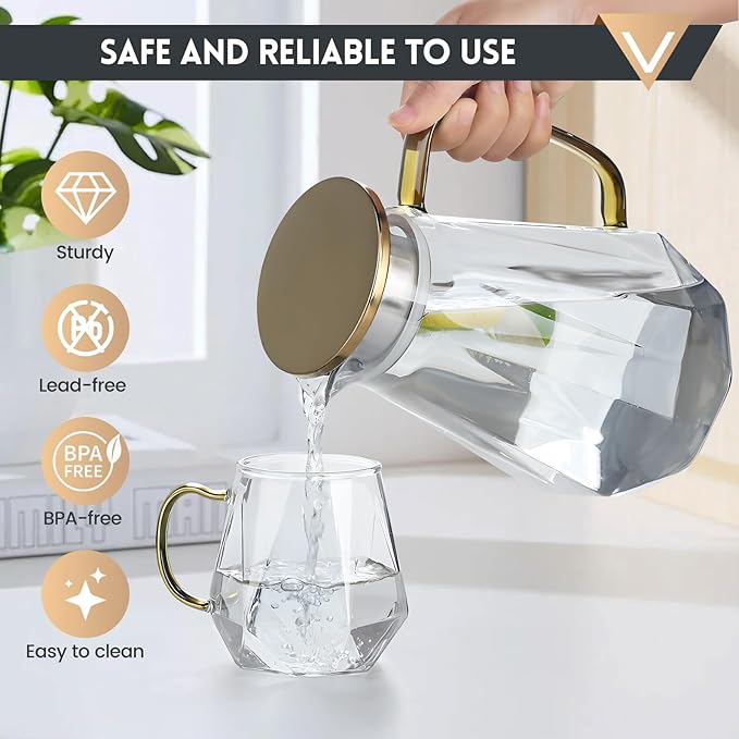AstraLoom 2 Liter 68oz Glass Pitcher with Leak-Proof Lid - Borosilicate Glass Heat Resistant Carafe,with Handle for Hot/Cold drinks - Iced tea, Juice, Coffee, Featuring Diamond-Cut Design