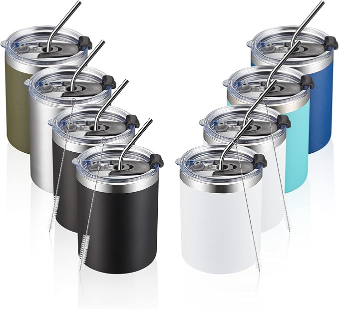 MEWAY 12oz/8 Pack Coffee Mug With Lid, Insulated Stainless Steel Reusable Coffee Cup, Double Wall Durable Coffee Mug, Powder Coate，For Coffee, Beer, Home, Office(MIX,8 Pack)