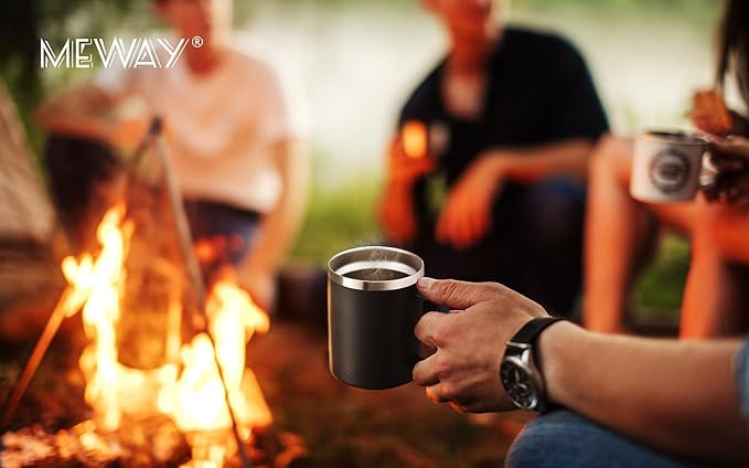 MEWAY 12oz Coffee Mug With Handle 4 Pack Bulk,Stainless Steel Insulated Travel Tumblers With Sliding Lid,Double Wall Vacuum Camping Cup for Hot & Cold Drinks Tea (Black,Set of 4)