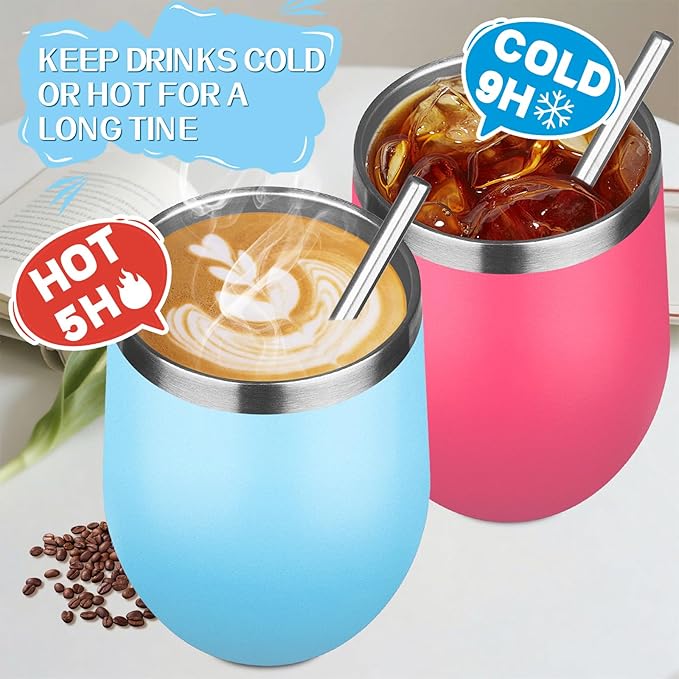 12oz/6 Pack Stainless Steel Wine Tumbler with Lid and Straw, Double Wall Vacuum Insulated Wine Tumbler Glasses, Stemless Travel Mugs for Hot and Cold Drinks, Coffee, Wine, Cocktails（Mix Color-1）