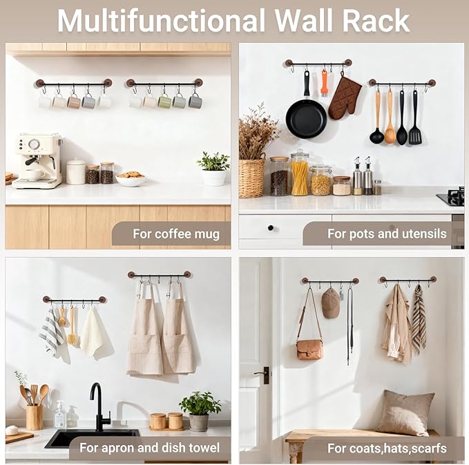 Mkono Mug Holder Wall Mounted Mug Rack Metal Coffee Cup Holder with 10 Hooks Rustic Utensils Storage Organizer Display Hanger for Kitchen Dining Room Coffee Bar Accessories,Set of 2,Brown