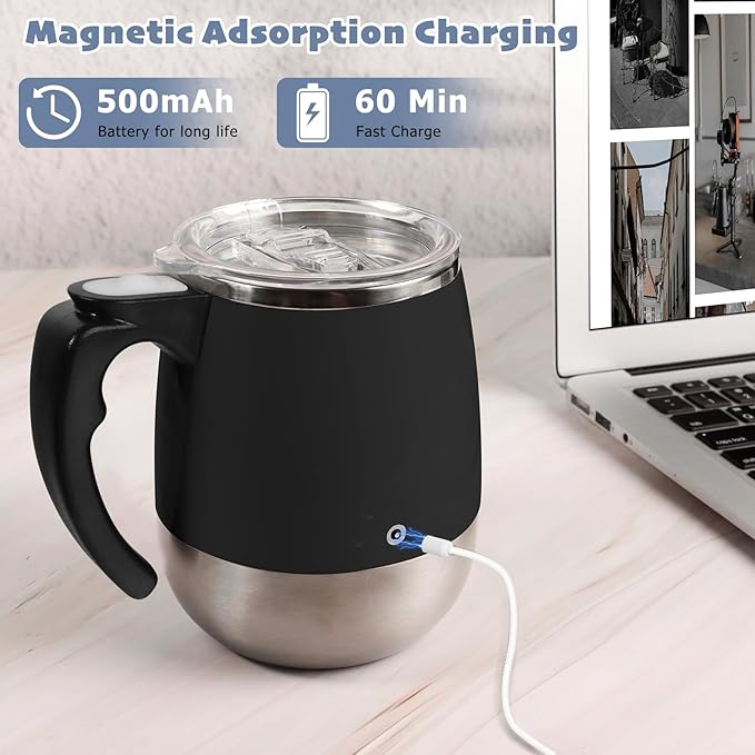 Self Stirring Mug, Rechargeable Automatic Magnetic Stirring Coffee Mug with Transparent Lid, Waterproof Stainless Steel Electric Mixing Cup, Can Stir Milk/Coffee/Cocoa Powder, Suitable for Office/Home