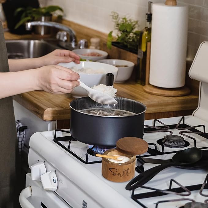 Acacia Wood Spice Box with Swivel Cover for Kitchen Countertop,Salt Keeper with Built-in Spoon,Modern Farmhouse Kitchen Decoror for Storing Seasonings (Labeled Salt & Pepper)