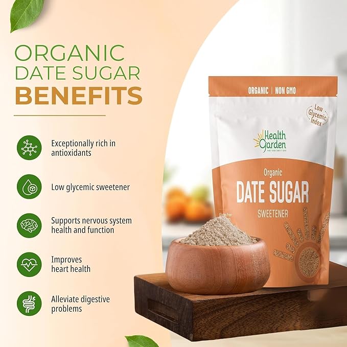 Health Garden Date Sugar, 16 Oz x 12, Organic Date Sugar Sweetener, All-Natural Dried Ground Dates, Rich in Vitamins and Minerals, No Gluten, Non-GMO, Low Glycemic Sugar Substitute (1 Lb. pack of 12)