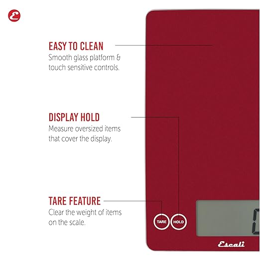 Escali Arti Glass Food Scale Digital Countertop Kitchen, Baking and Cooking Scale with Nutrition and Calorie Counter, 15-Pound Capacity, 9" x 6.5" x .75", Rio Red