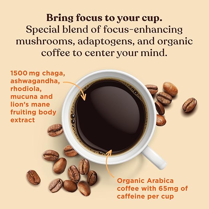 Four Sigmatic Focus Organic Mushroom Coffee | 1500mg of Adaptogens per Serving | Lion's Mane, Chaga, Rhodiola, Ashwagandha & Mucuna for Energy, Focus, Positive Mood & Immune Support | 30 Servings