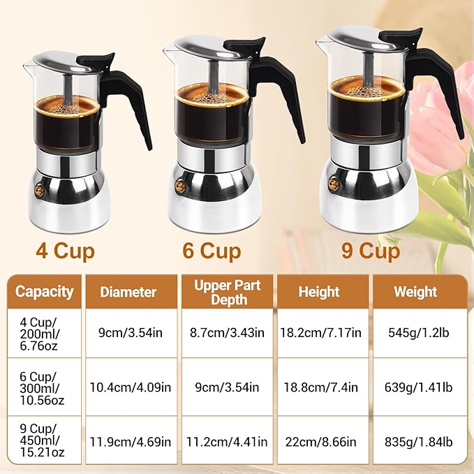 9 Cup Glass Clear Moka Pot Thickened 304 Stainless Steel Stovetop Espresso Maker Italian Coffee Machine 450ml 15oz Classic Mocha Cafe Greca Coffee Suitable for Gas Induction
