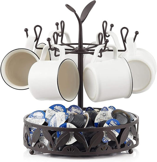 Coffee Mug Holder with Coffee Pod Basket Storage, Rotatable 6-capacity Cup Mug Holder Tree, Coffee Counter Bar Accessory & Kitchen Organizer