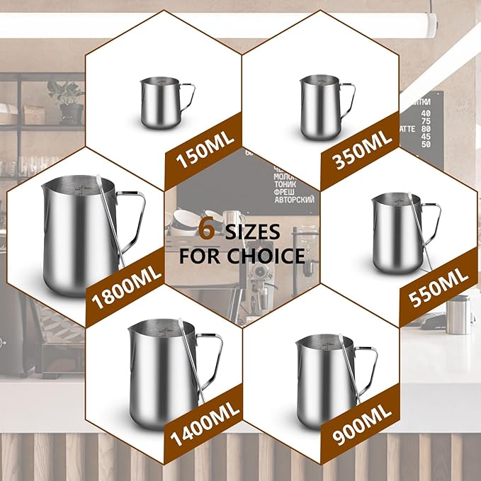 46oz Milk Frothing Pitcher with Latte Art Pen-Stainless Steel Steaming Jug for Espresso, Cappuccino & Coffee-Heat-Resistant, Dripless Spout, Measurement Scale, Dishwasher Safe (1400ml/46oz)
