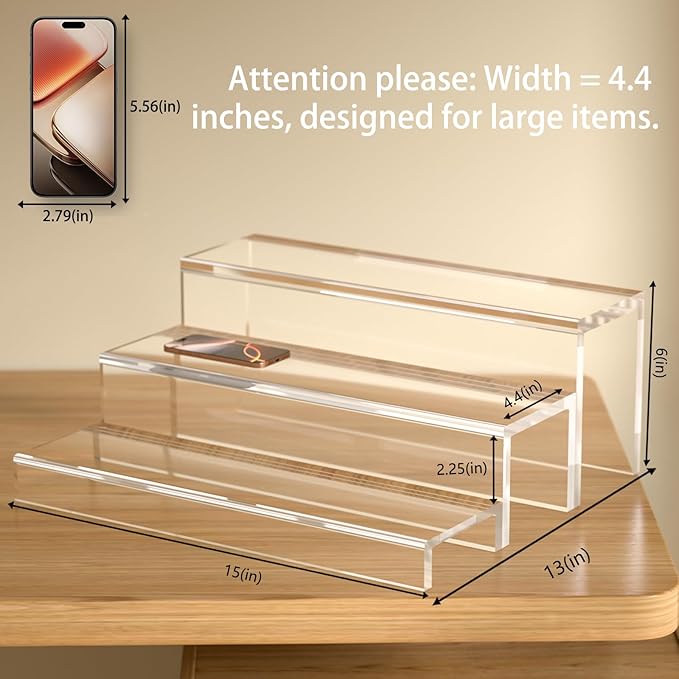 3 Tiers Bar Shelves for Liquor Bottles, 15" Bar Organizer for Countertop, Clear Acrylic Risers Display Racks Stands for Figures Pops Cupcake Perfume Collections (Patent: D1076520S)