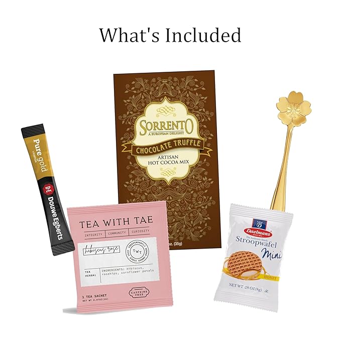 Coffee Tea Cocoa Indulgence Gift Set – Coffee, Tea, Cocoa & Stroopwafel in Turquoise Cup with Spoon – Comfort, Get Well, Birthday or Thinking of You Gift for Women (Hug In A Mug - Pink)