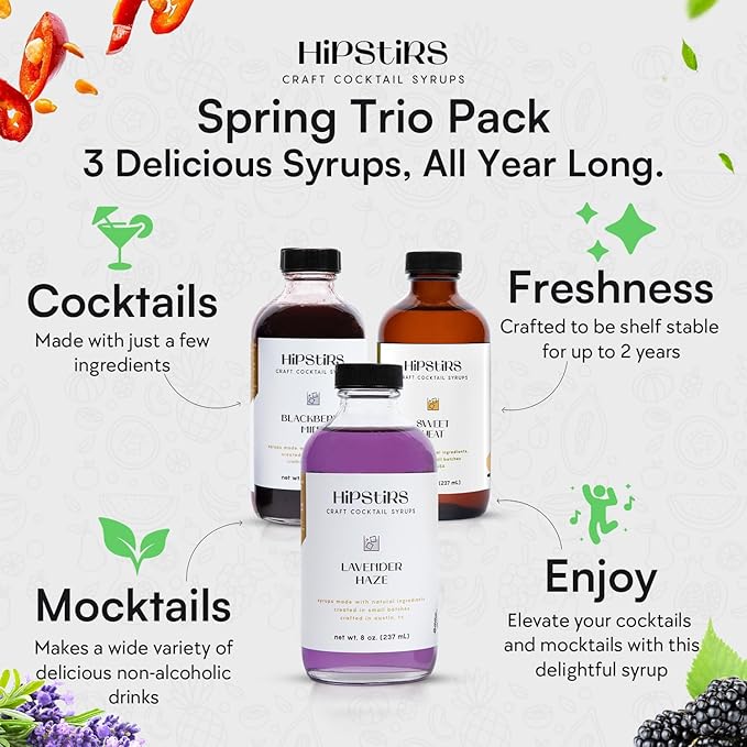 HipStirs Summer Cocktail Syrup Trio | Sweet Heat, Lavender Haze, Blackberry Mint | Craft Drink Mixers for Cocktails & Mocktails | Small Batch, Natural Ingredients (3 Pack, 8oz Bottles)