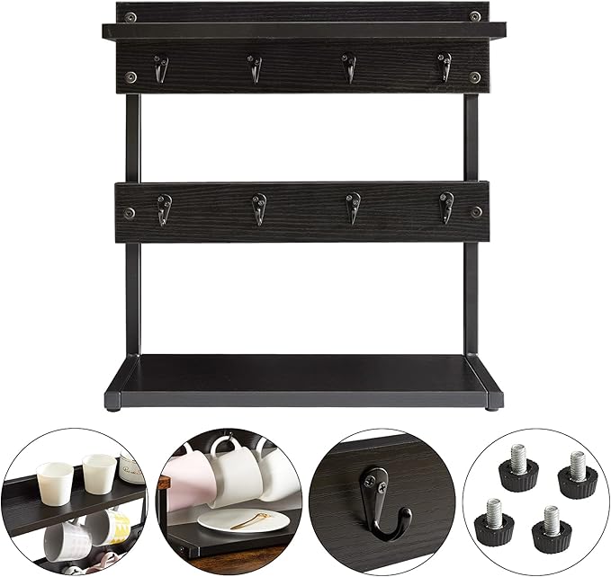 IBUYKE Rustic Coffee Mug Holder Stand, 2 Tier Countertop Mug Tree Holder Rack with Storage Base, Vintage Mug Holders for Kitchen, Holds 8 Mugs, Black UTBJ002B