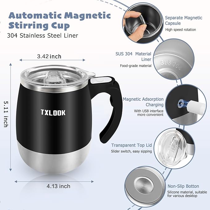 Self Stirring Mug, Rechargeable Automatic Magnetic Stirring Coffee Mug with Transparent Lid, Waterproof Stainless Steel Electric Mixing Cup, Can Stir Milk/Coffee/Cocoa Powder, Suitable for Office/Home