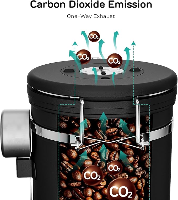 Coffee Gator Coffee Canister, 22oz Airtight Stainless Steel Kitchen Food Storage Container with Date Tracker, Valve, Scoop for Sugar, Grounds, Beans, Tea, Sugar, Cereal, Flour, Cookies Jars - Black