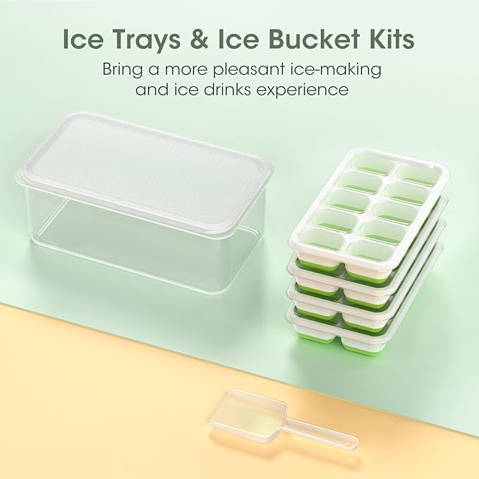 DOQAUS Ice Cube Tray with Lid and Bin - 4 Pack Silicone Ice Cube Trays for Freezer, Stackable Ice Bucket Kits with Storage Container & Scoop for Kitchen, RV, Cocktail, Coffee