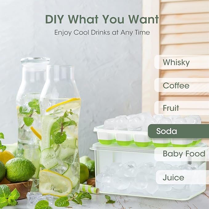 DOQAUS Ice Cube Tray with Lid and Bin - 4 Pack Silicone Ice Cube Trays for Freezer, Stackable Ice Bucket Kits with Storage Container & Scoop for Kitchen, RV, Cocktail, Coffee