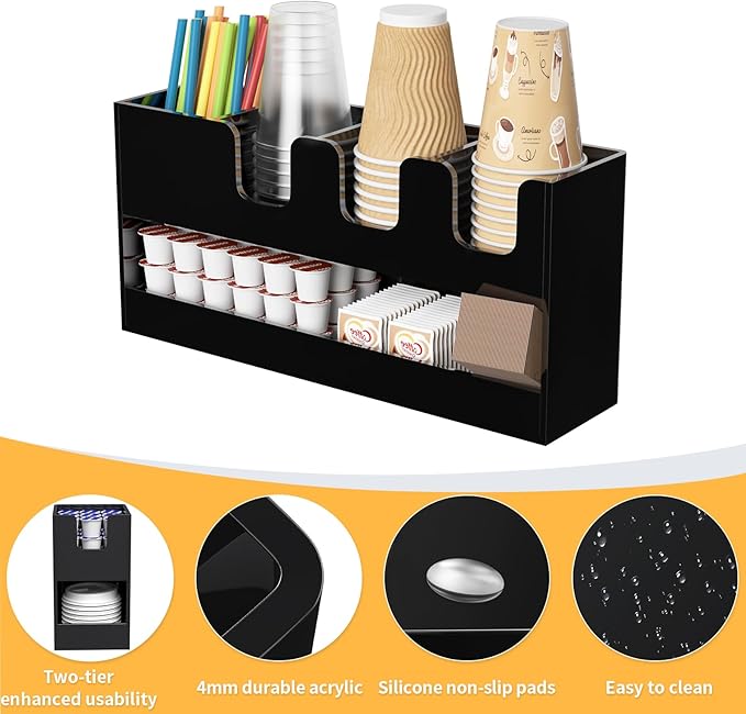 Coffee Condiment and Cup Organizer - 2-Tier Upright Cup and Lid Holder with Straw Organizer 5 Compartments Black Acrylic Cup Dispenser for Restaurant Breakroom Coffee Station Countertop